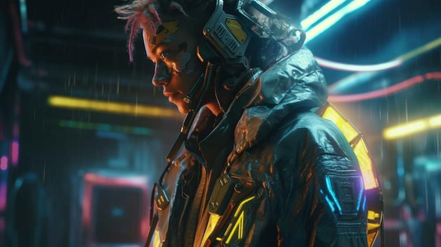 Un homme en costume avec un casque et une veste avec le mot cyberpunk dessus