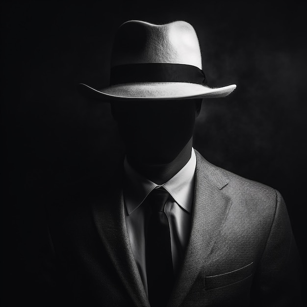 un homme en costume et chapeau est représenté dans une pièce sombre.