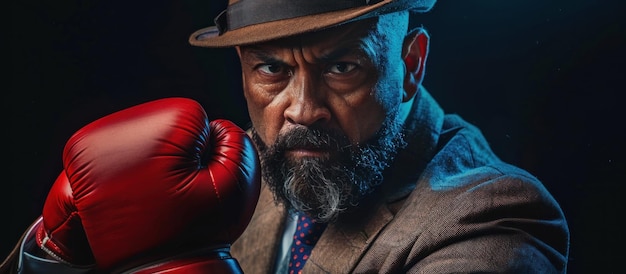 Photo un homme en costume et chapeau tenant un gant de boxe rouge