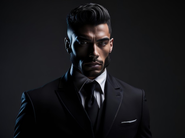 Un homme en costume avec une chemise et une cravate noires se tient dans une pièce sombre.