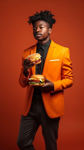 Un homme en costume avec une chemise noire et une chemise noire tient deux hamburgers.