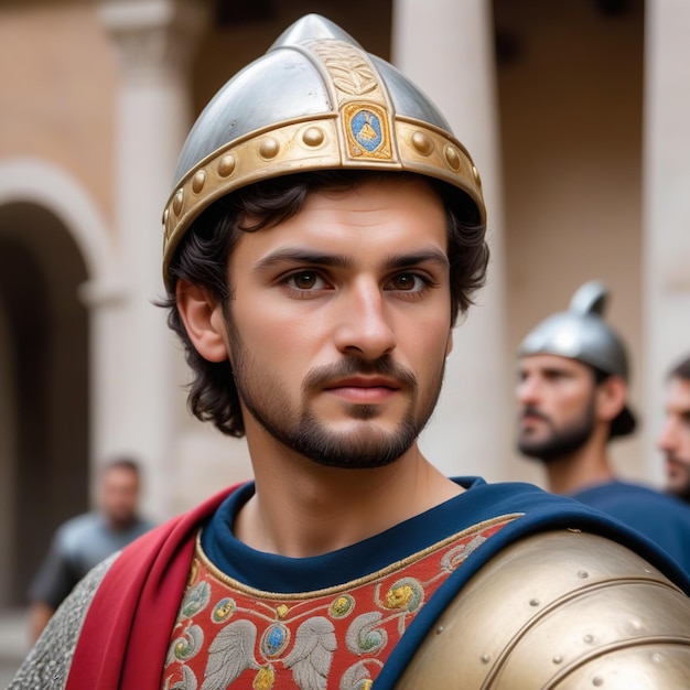 un homme en costume de chevalier avec un haut doré et bleu.