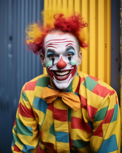 un homme en costume de clown sourit à la caméra