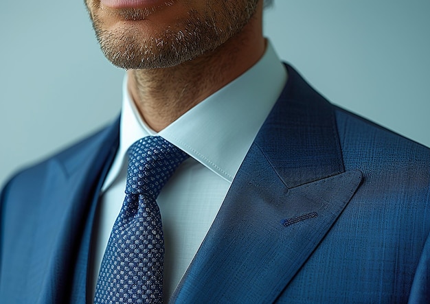 un homme en costume avec une cravate bleue et une chemise blanche