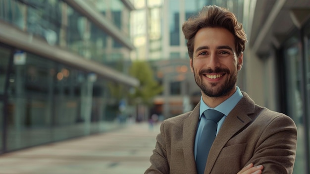 un homme en costume avec une cravate bleue et une chemise avec le mot dessus