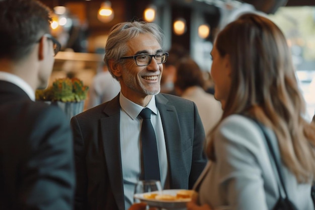 un homme en costume et cravate parlant à une femme