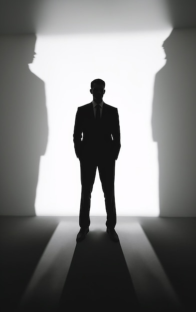 un homme en costume-cravate se tient devant deux ombres.