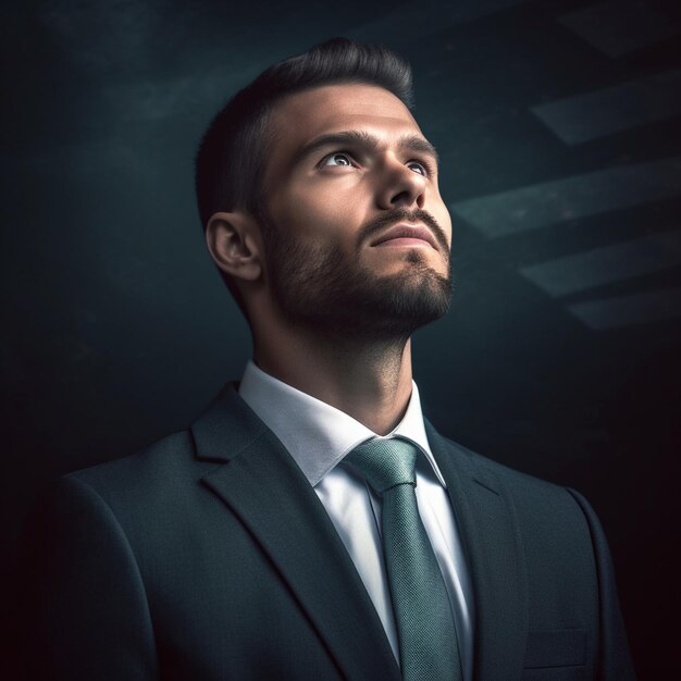 Un homme en costume-cravate se tient devant un fond noir.