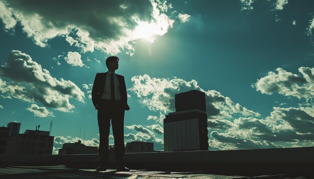 Un homme en costume et cravate se tient sur un toit à la vue de la ville