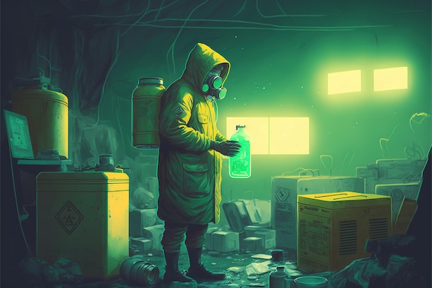 Homme En Costume De Danger Biologique Ramassant Des Ordures Avec Un Appareil De Haute Technologie Dans Un Bidonville De Fillland Illustration De Style D'art Numérique Peinture Concept Fantastique D'un Homme En Costume De Danger Biologique