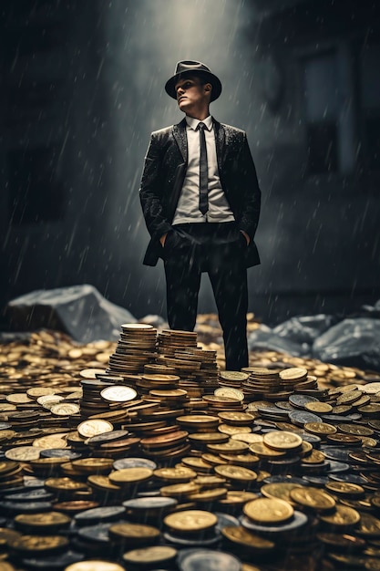 homme en costume debout sur une pile de pièces de monnaie