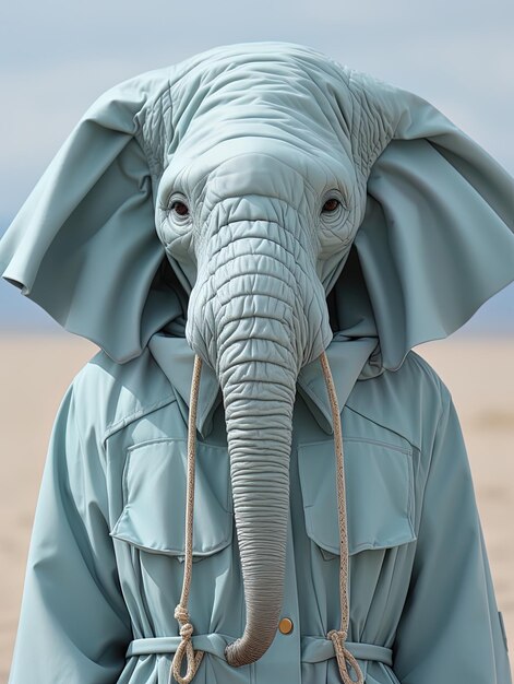 un homme en costume avec un éléphant sur la tête