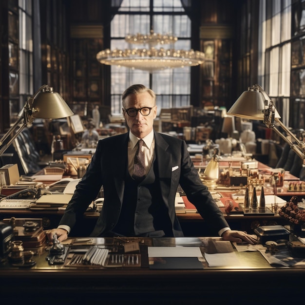 Un homme en costume est assis à un bureau dans une pièce avec une lampe de bureau et une lampe.