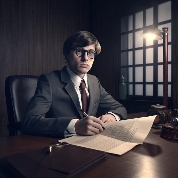 Un homme en costume est assis à un bureau et écrit une lettre.