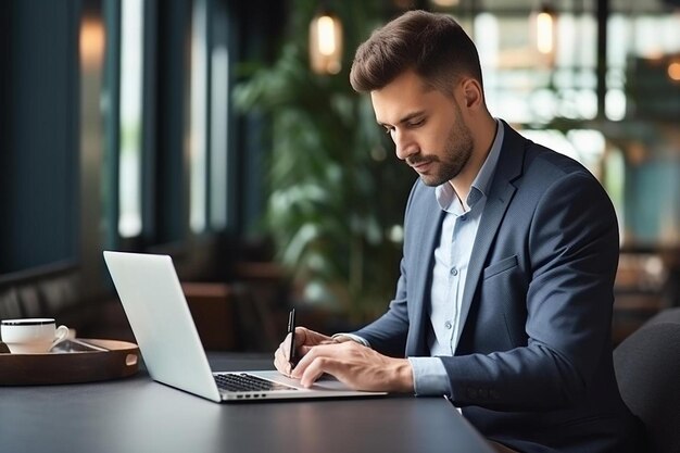 un homme en costume est assis à un bureau avec un ordinateur portable et écrit dessus