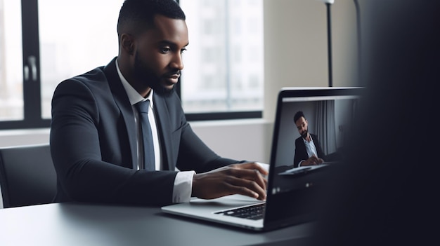 Un homme en costume est assis à un bureau avec un ordinateur portable et une photo d'un homme à l'écran.