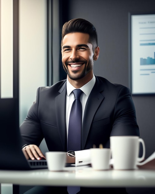 Un homme en costume est assis à un bureau avec un ordinateur portable et une tasse de café.