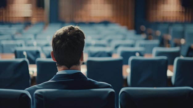 Un homme en costume est assis contemplatif au milieu de sièges vides dans une salle d'assemblée formelle