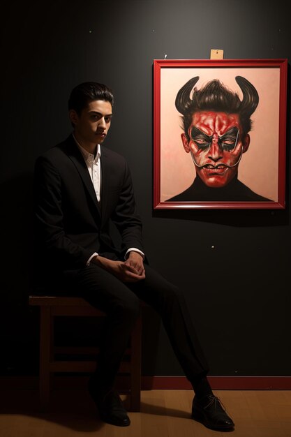 un homme en costume est assis devant une peinture qui dit diable