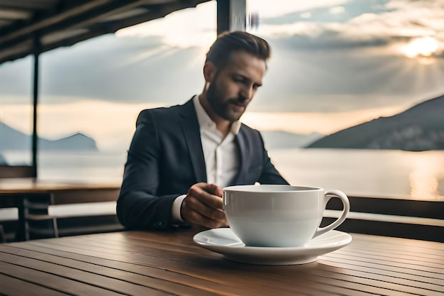 Un homme en costume est assis à une table avec une tasse de café.