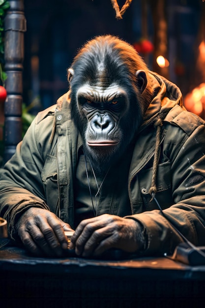 Un homme en costume de gorille est assis à table Generative AI