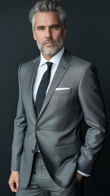 un homme en costume gris avec une chemise blanche et une cravate noire