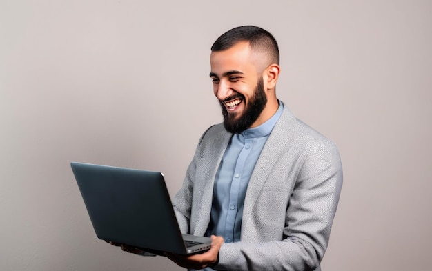 Un homme en costume gris tient un ordinateur portable et sourit.