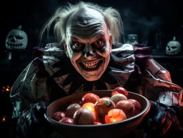 Homme en costume d'Halloween tenant un bol de bonbons avec un sourire espiègle
