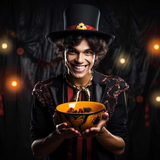 Photo homme en costume d'halloween tenant un bol de bonbons avec un sourire espiègle