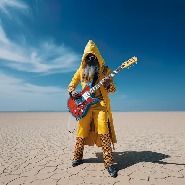 Photo un homme en costume jaune se tient dans le désert avec une guitare à la main