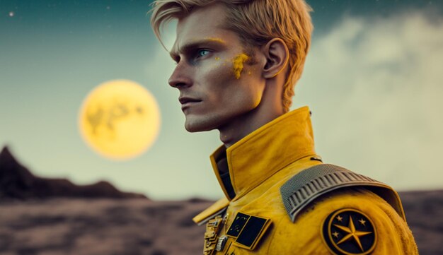 Un homme en costume jaune star wars se tient devant une lune avec les mots "le nom" sur le devant.