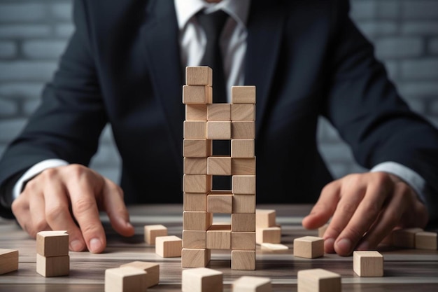 un homme en costume jouant avec des blocs de bois