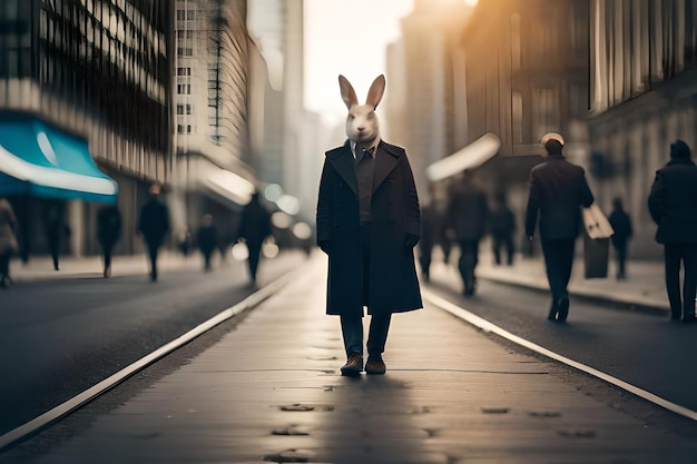un homme en costume de lapin avec un lapin sur la tête