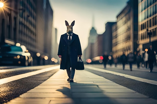 un homme en costume de lapin marche dans une rue avec un sac de bagages.