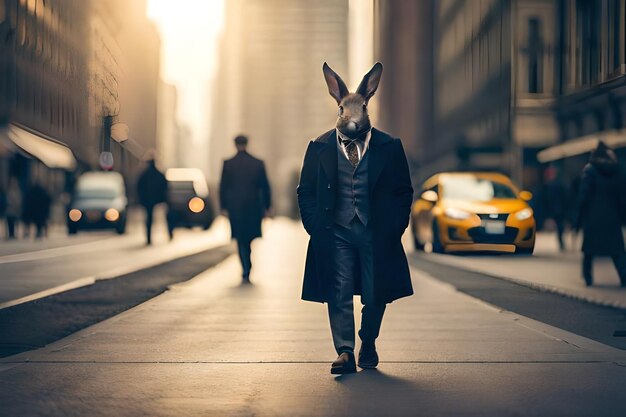 un homme en costume de lapin marche sur un trottoir devant un taxi.