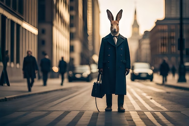 un homme en costume avec un lapin sur son épaule se tient dans une rue.