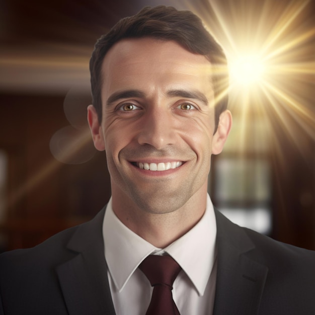 un homme en costume avec une lumière qui brille sur son visage.