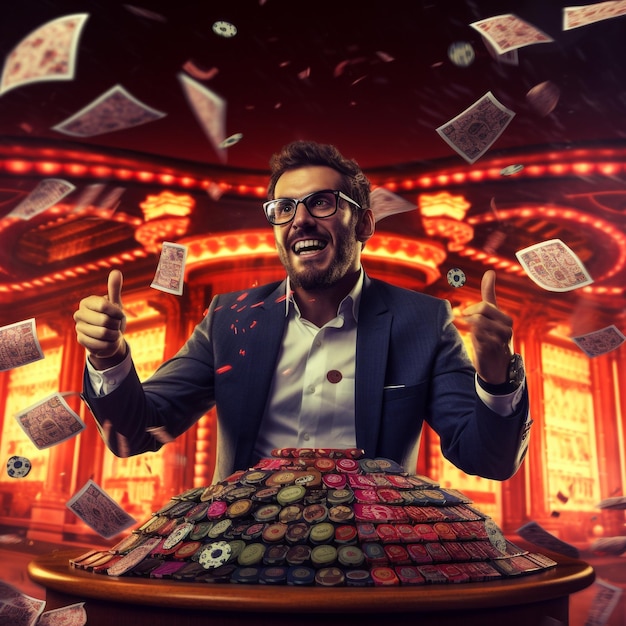 Un homme en costume et lunettes lève le pouce devant un casino.