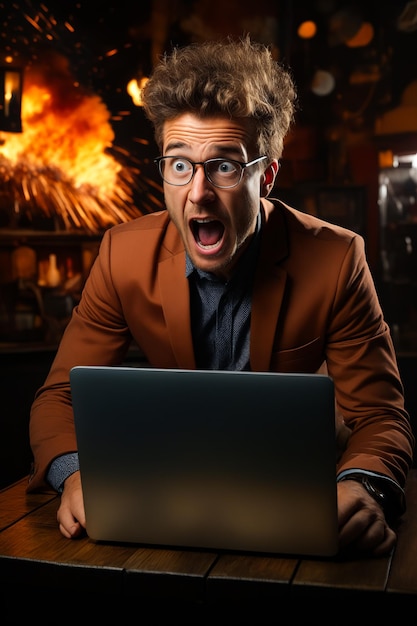 Photo un homme en costume et des lunettes regarde un ordinateur portable ia générative