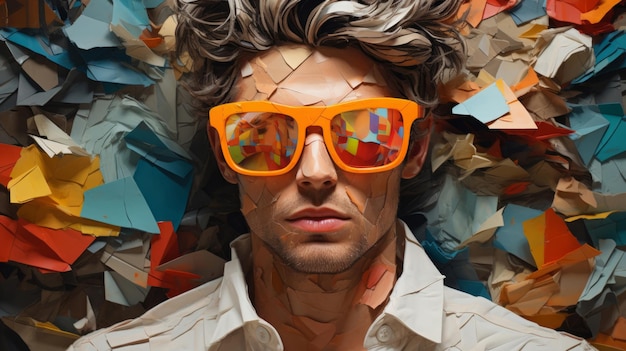 Homme en costume lunettes de soleil entouré de formes d'arrière-plan colorées et de confettis pimpants confiants et