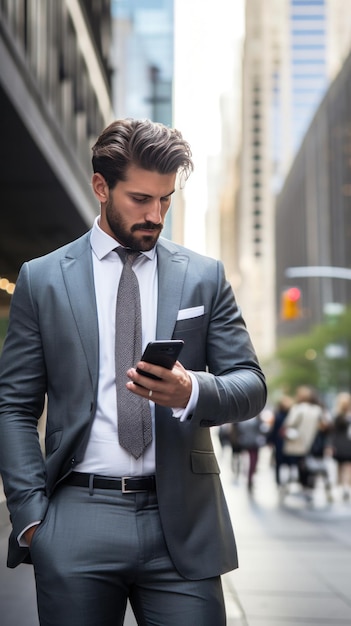 Un homme en costume marchant dans une rue animée de la ville en regardant son téléphone avec des gratte-ciel en arrière-plan