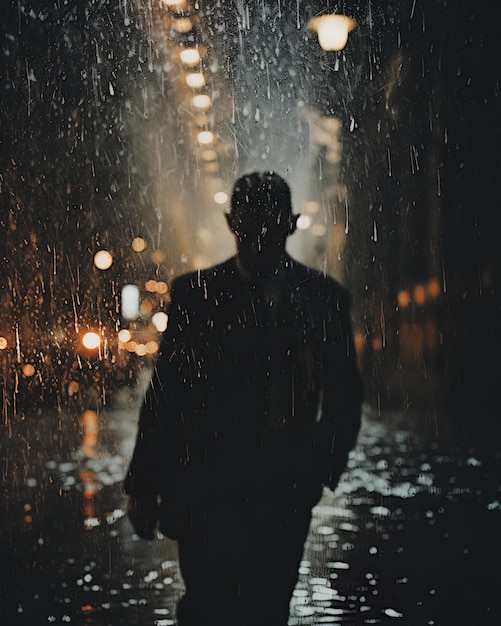 un homme en costume marche dans la pluie avec un fond flou de lumières