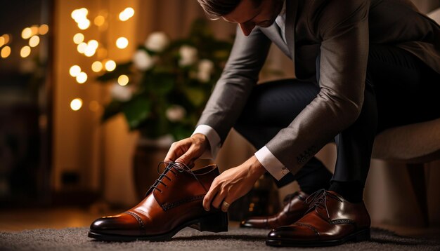 Photo un homme en costume met une chaussure qui dit nouveau