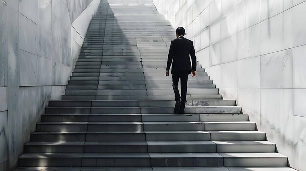 Un homme en costume monte un escalier Il est seul et les escaliers sont longs et vides