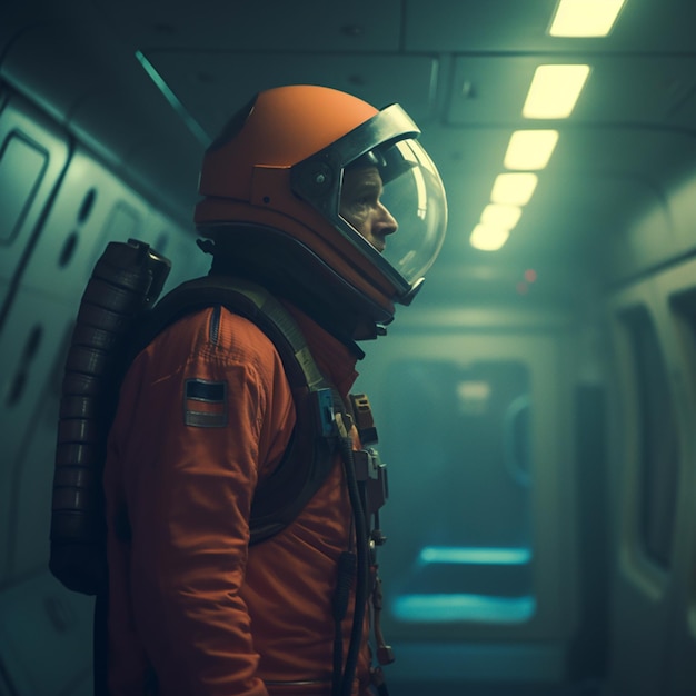 Un homme en costume orange avec un casque.