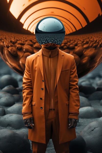 Photo un homme en costume orange avec un visage miroir