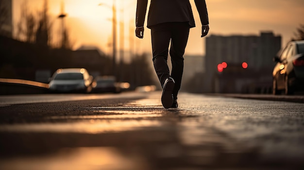 Un homme en costume et une paire de chaussures marchant le long d'une route goudronnée Generative Ai