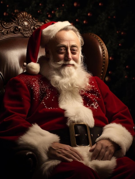 un homme en costume de père Noël est assis sur une chaise avec un arbre de Noël derrière lui.