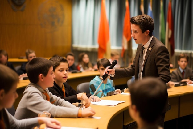 Un homme en costume prononce un discours devant un groupe d'étudiants.