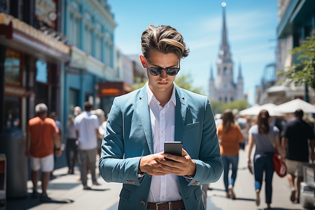 Un homme en costume regardant un téléphone dans une rue animée Journée ensoleillée